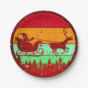 Retro Vintage Sunset Santa Sleigh Reindeer 7" Paper Plates