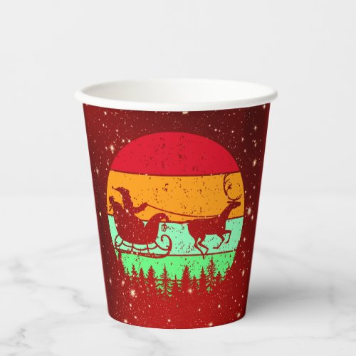 Retro Vintage Sunset Santa Sleigh Reindeer  Paper Cups