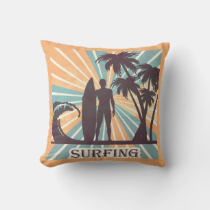 Retro Vintage Surfer with Surfboard Silhouette Throw Pillow