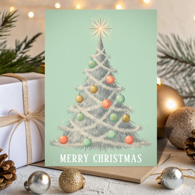 Retro Vintage Tinsel Tree Glow Christmas Holiday Card (Creator Uploaded)