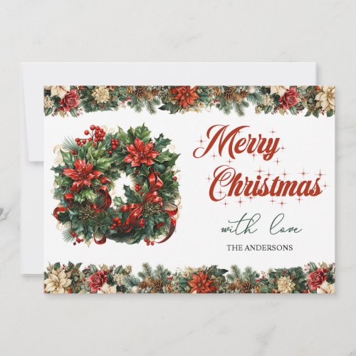Retro vintage traditional classic Christmas wreath Holiday Card