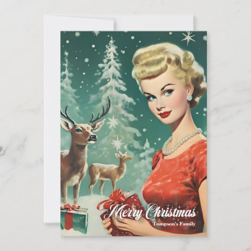 Retro vintage traditional pin up woman in forest holiday card
