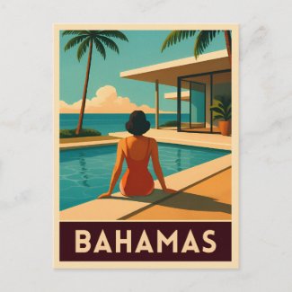 Retro Vintage Travel Bahamas Tropical Seaside Pool