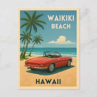 Retro Vintage Travel Hawaii Waikiki Beach  