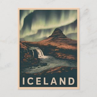 Retro Vintage Travel Iceland Northern Lights 