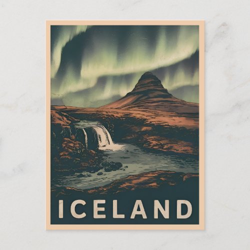 Retro Vintage Travel Iceland Northern Lights  Postcard