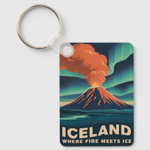Retro Vintage Travel Iceland Volcano Landscape Keychain