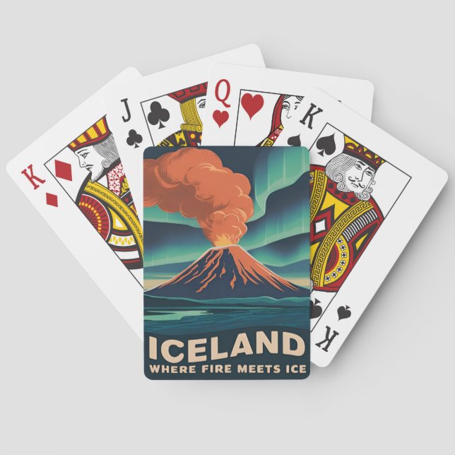 Retro Vintage Travel Iceland Volcano Landscape Poker Cards (Back)
