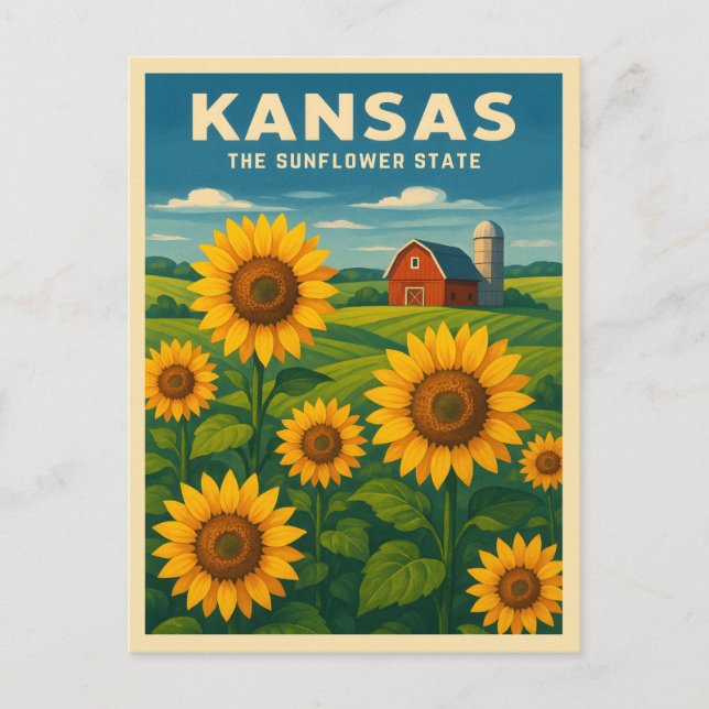 Retro Vintage Travel Kansas Sunflower Landscape Postcard (Front)