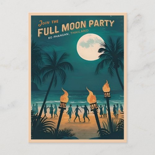 Retro Vintage Travel Koh Phangan Full Moon Party Postcard