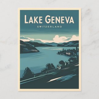 Retro Vintage Travel Lake Geneva Switzerland 