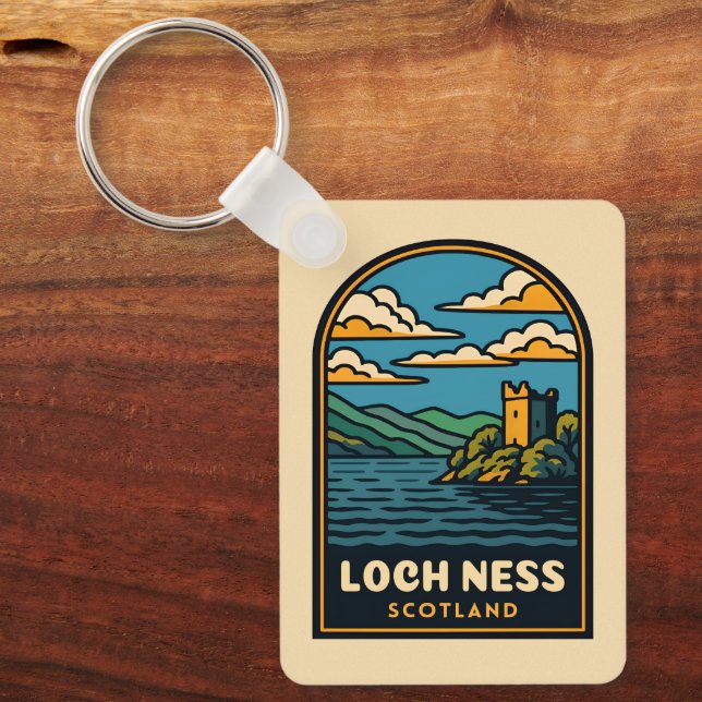 Retro Vintage Travel Loch Ness Scotland Castle Keychain (Front)