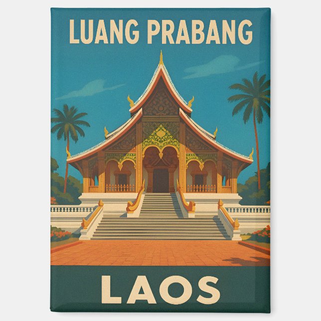 Retro Vintage Travel Luang Prabang Laos Temple Magnet (Front)