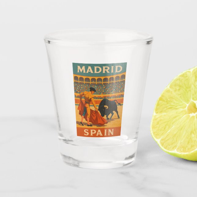 Retro Vintage Travel Madrid Spain Bullfight Shot Glass (Front)
