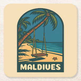 Retro Vintage Travel Maldives Island Beach Scenic Square Paper Coaster