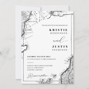 Retro Vintage Travel Map QR Code Photo Wedding Invitation