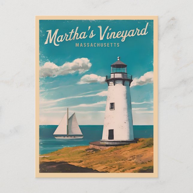 Retro Vintage Travel Martha's Vineyard Lighthouse Postcard (Front)