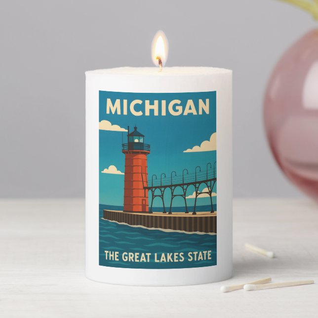 Retro Vintage Travel Michigan Lighthouse Scenic Pillar Candle (In Situ)