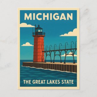 Retro Vintage Travel Michigan Lighthouse Scenic