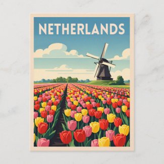 Retro Vintage Travel Netherlands Tulips Landscape