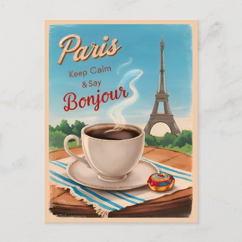 Retro Vintage Travel Paris France Eiffel Tower Postcard