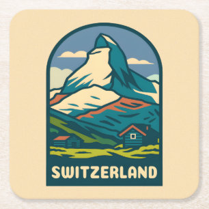 Retro Vintage Travel Switzerland Matterhorn Square Paper Coaster