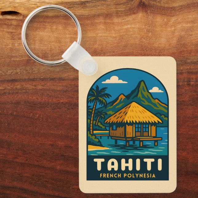 Retro Vintage Travel Tahiti French Polynesia Beach Keychain (Front)