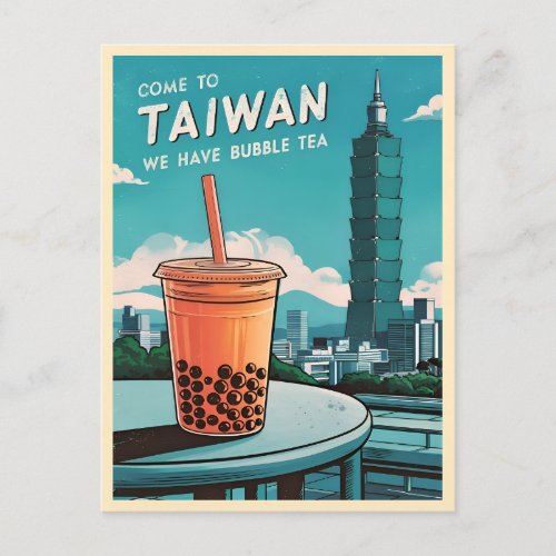 Retro Vintage Travel Taipei 101 Taiwan Boba Tea Postcard