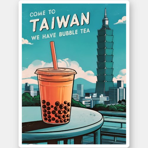 Retro Vintage Travel Taipei 101 Taiwan Boba Tea Sticker