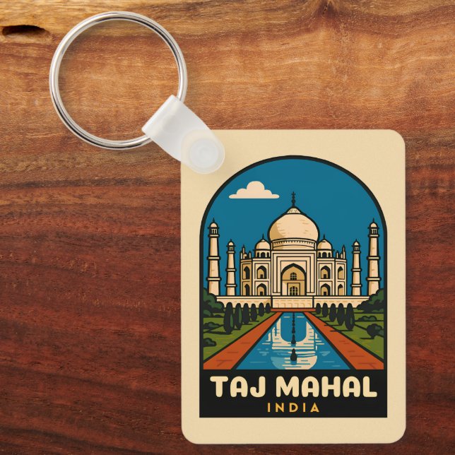 Retro Vintage Travel Taj Mahal India Illustration Keychain (Front)