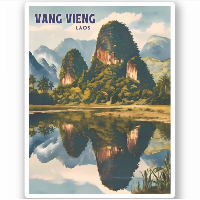 Retro Vintage Travel Vang Vieng Laos Landscape Sticker (Front)