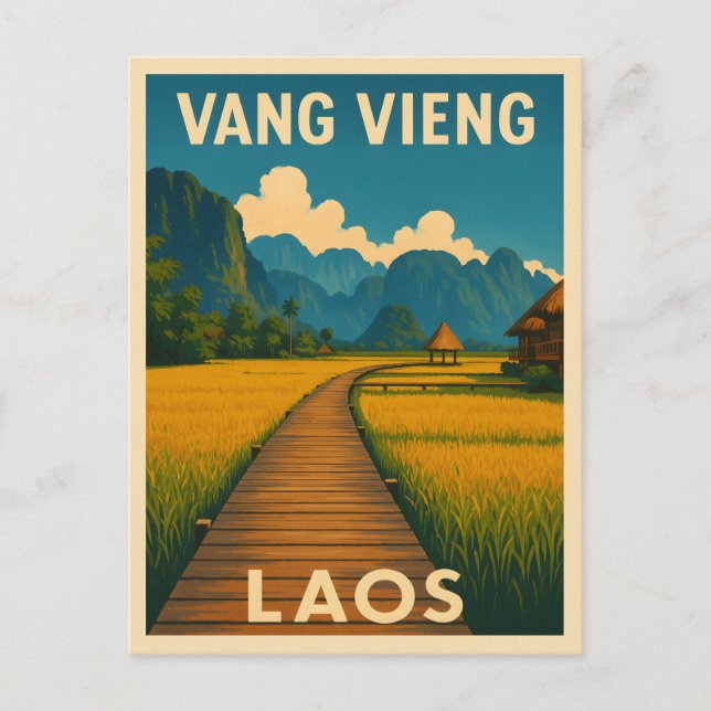 Retro Vintage Travel Vang Vieng Laos Scenic Postcard (Front)