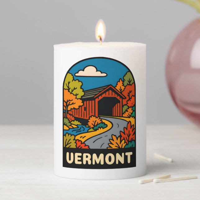 Retro Vintage Travel Vermont Landscape Scenic Pillar Candle (In Situ)