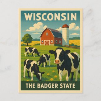Retro Vintage Travel Wisconsin Dairy Farm Scenic