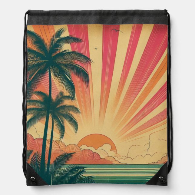 Retro/vintage tropical/Hawaiian sunset  Drawstring Bag (Front)