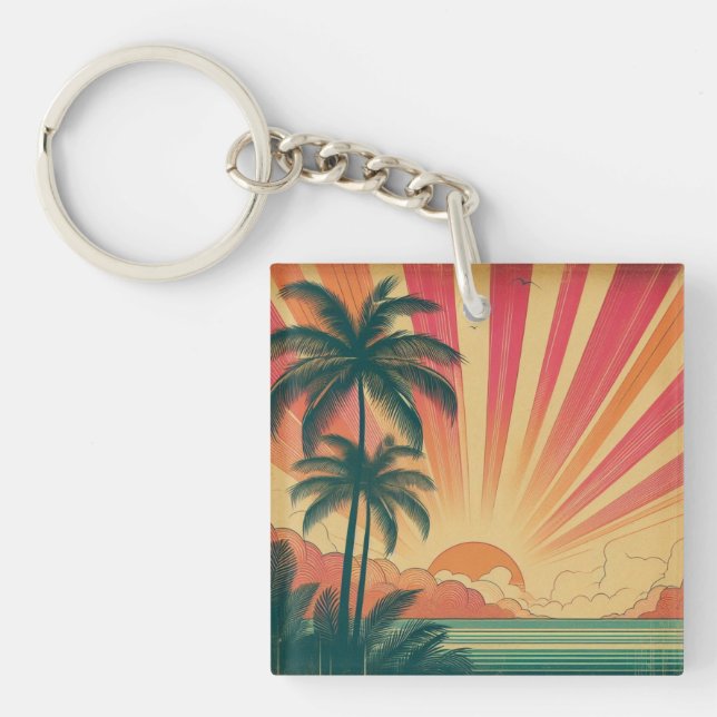 Retro/vintage tropical/Hawaiian sunset  Keychain (Front)