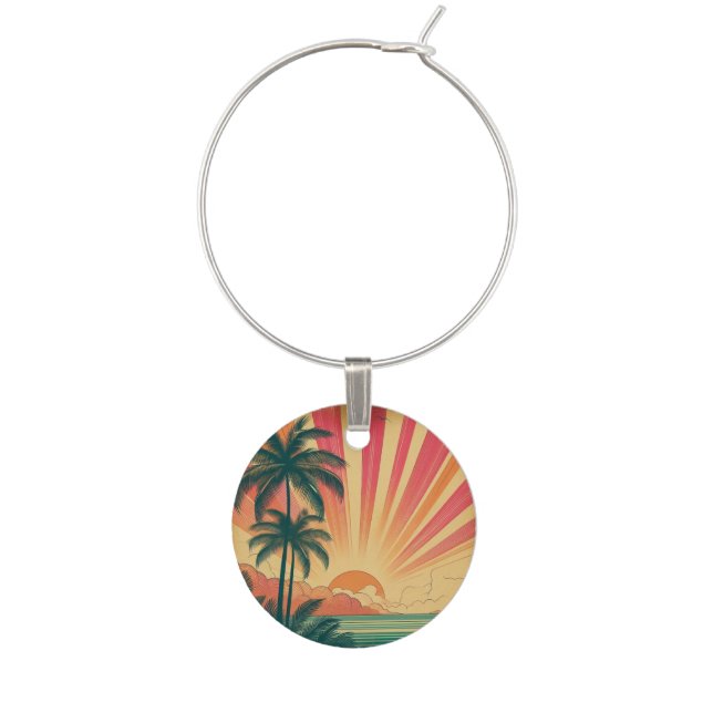 Retro/vintage tropical/Hawaiian sunset  Wine Charm (Front)