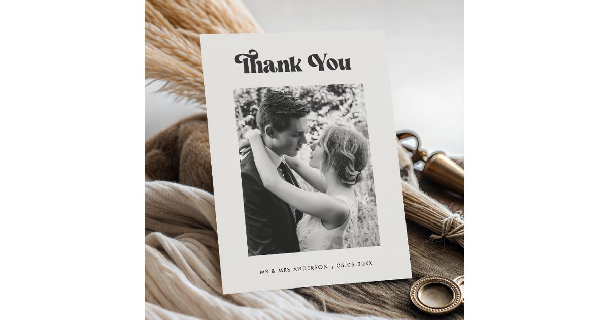 Retro Vintage Typography Black White Photo Wedding Thank You Card | Zazzle