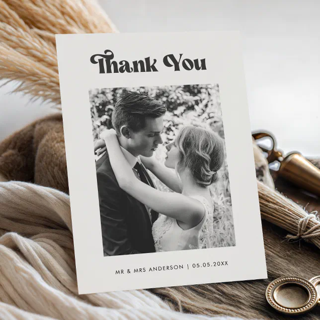 Retro Vintage Typography Black White Photo Wedding Thank You Card | Zazzle