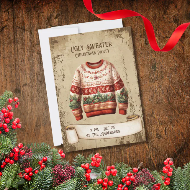 Retro Vintage Ugly Sweater Christmas Party Invitation | Zazzle