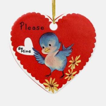 Retro Vintage Valentine Bird Add Sentiment Ceramic Ornament by doodlesfunornaments at Zazzle