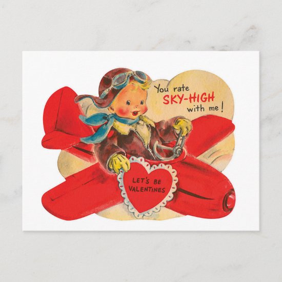 Retro Vintage Valentine boy airplane postcard