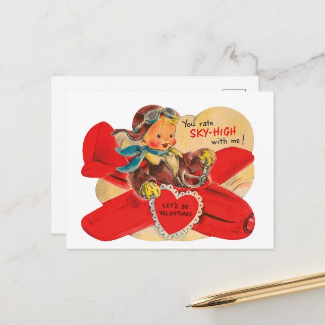 retro vintage Valentine boy Holiday Postcard (Front/Back In Situ)