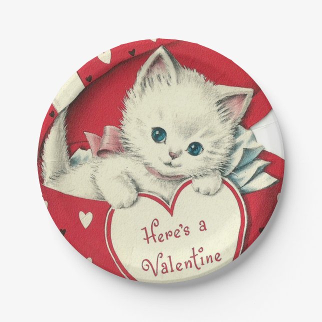 Retro vintage Valentine cat Holiday party Paper Plates (Front)