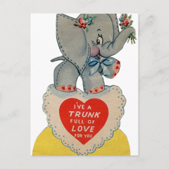 Retro Vintage Valentine elephant Holiday postcard (Front)