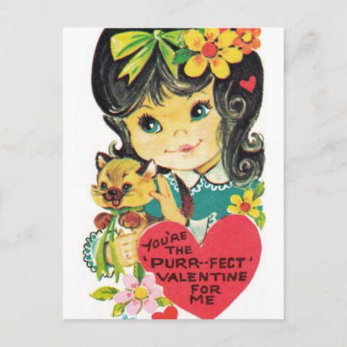 Retro Vintage Valentine girl cat Holiday postcard