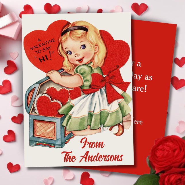 Retro Vintage Valentine Heart Girl Custom  Holiday Card (Retro Vintage Valentine Heart Girl Custom Holiday Card. Add your name and a special message!)