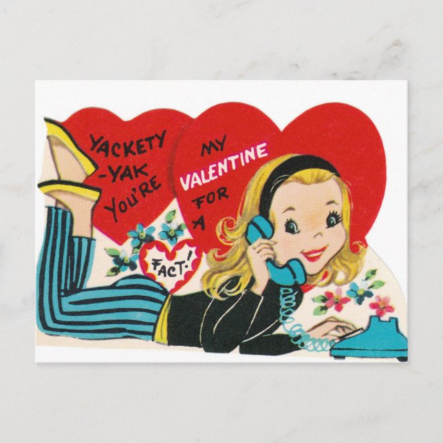 Retro Vintage Valentine phone girl postcard (Front)