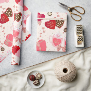 Retro Vintage Valentines Day Chocolate Hearts Wrapping Paper