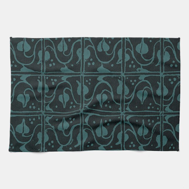 Retro Vintage Vines Black Teal Kitchen Towels (Horizontal)